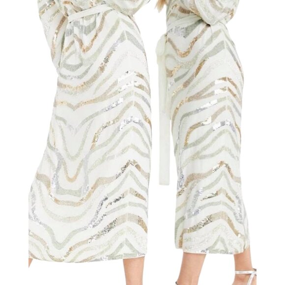 ASOS White, Gold, Silver Long Sleeve Sequin Zebra Print Wrap Midi Dress Size 6 - Picture 16 of 16